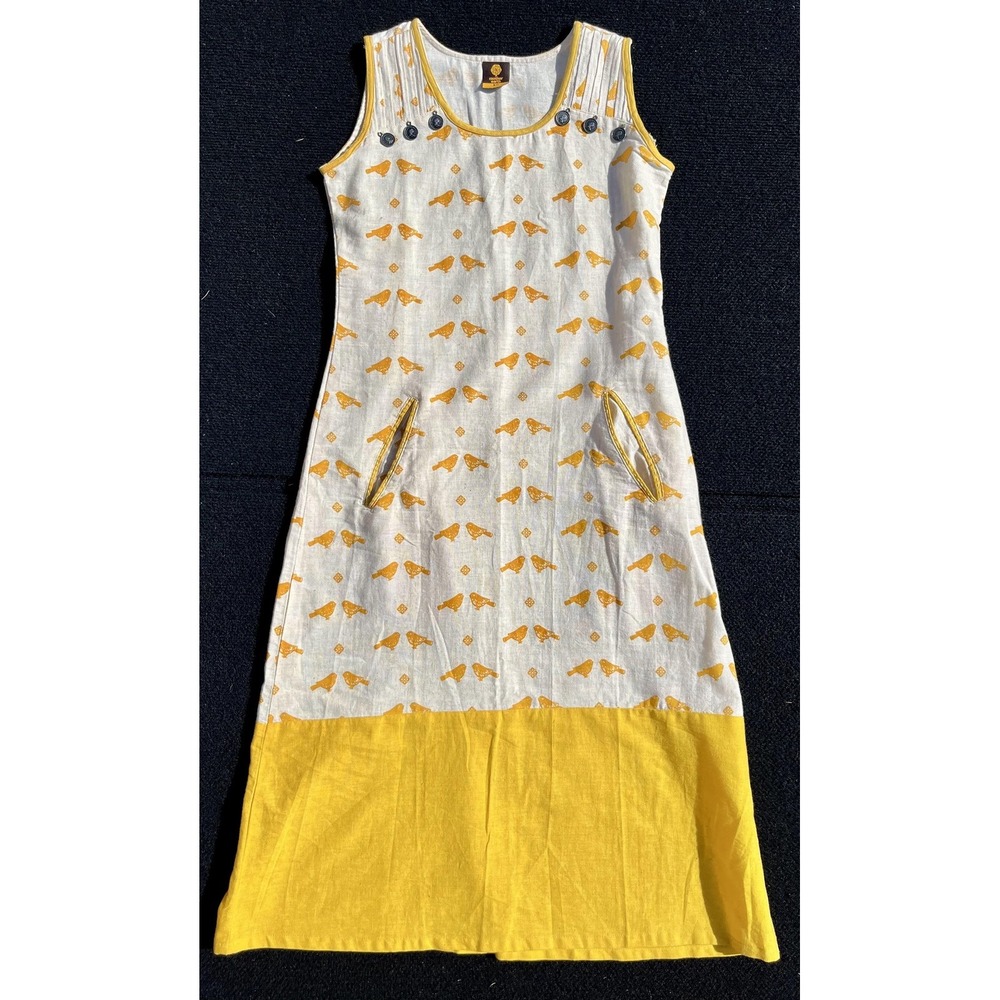 Mother Earth Dress‎ Womens XS White Yellow Bird Print Sleeveless Pockets A-Line